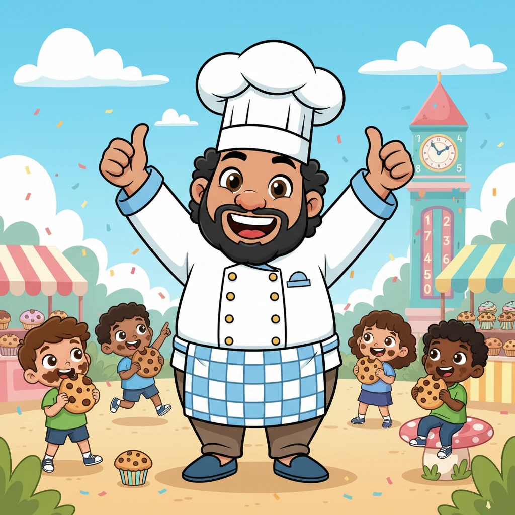 The Town Festival was a vibrant swirl of laughter and delicious treats. Children munched on cookies and muffins, their faces smeared with chocolate. Chef Numerio beamed, giving a big thumbs-up to the sky, knowing the "Math Chef" had saved the day once more!