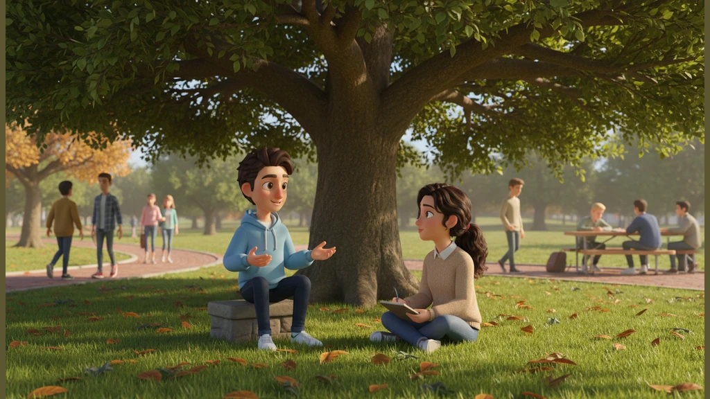 Beneath the shade of a large campus tree, Rahul strikes up a simple, honest conversation with a classmate who seems genuinely interested in his story.
