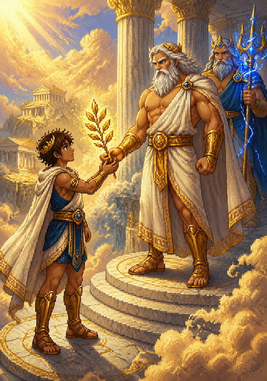 Theron stands on the sun-drenched peak of Mount Olympus, surrounded by swirling golden clouds and marble pillars. The mighty Zeus hands him a glowing golden olive branch, charging the young hero with a quest to unite the divided realms of the gods. The air crackles with divine energy as the journey begins.