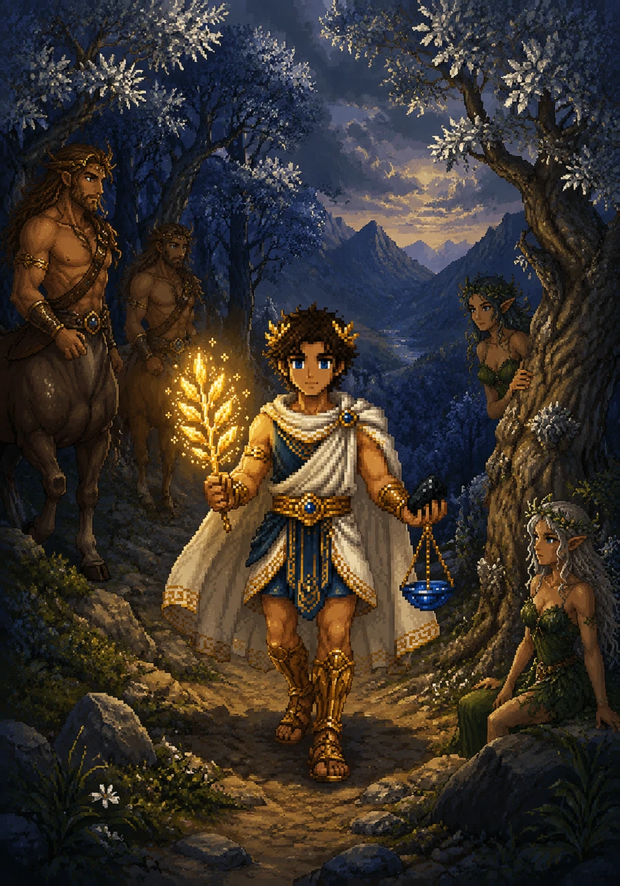 Theron descends the mountain slopes, passing through ancient groves where silver-leaved trees whisper secrets of the past. Majestic centaurs and shy dryads emerge from the shadows to watch the messenger pass, sensing the importance of his divine burden. The golden branch illuminates his path through the darkening woods.
