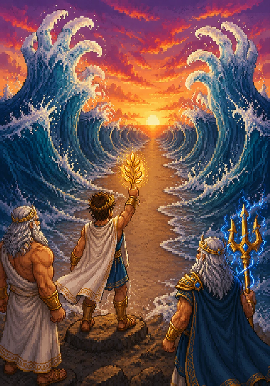 At the edge of the roaring Aegean Sea, Theron stands before waves that reach toward the sky like giant hands. He raises the olive branch high, and the turbulent waters miraculously part to reveal a shimmering path of sand leading into the deep. Above, the sky is a canvas of orange and purple as the sun begins to set.