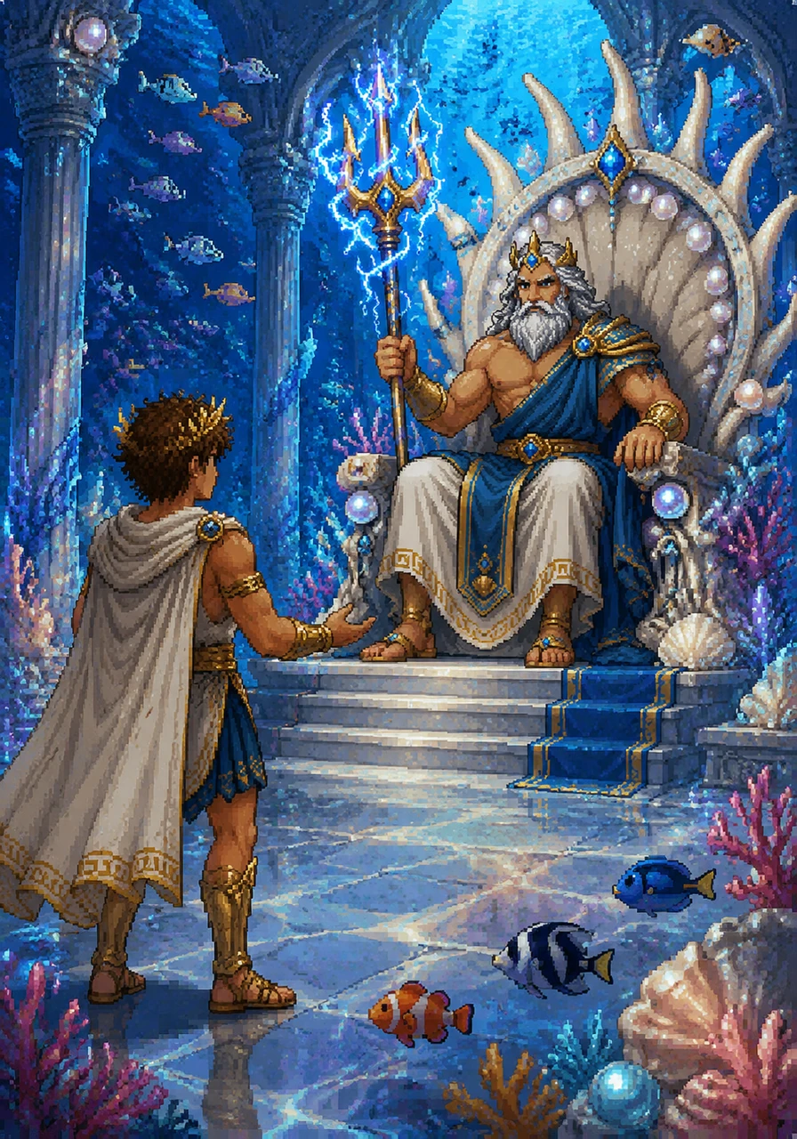 Deep beneath the ocean's surface, Theron enters a magnificent palace built of iridescent coral and glowing pearls. Poseidon sits upon a throne of whalebone, his trident sparking with blue lightning as he listens to Theron’s plea for peace. The chamber is filled with colorful fish and the rhythmic pulse of the tides.
