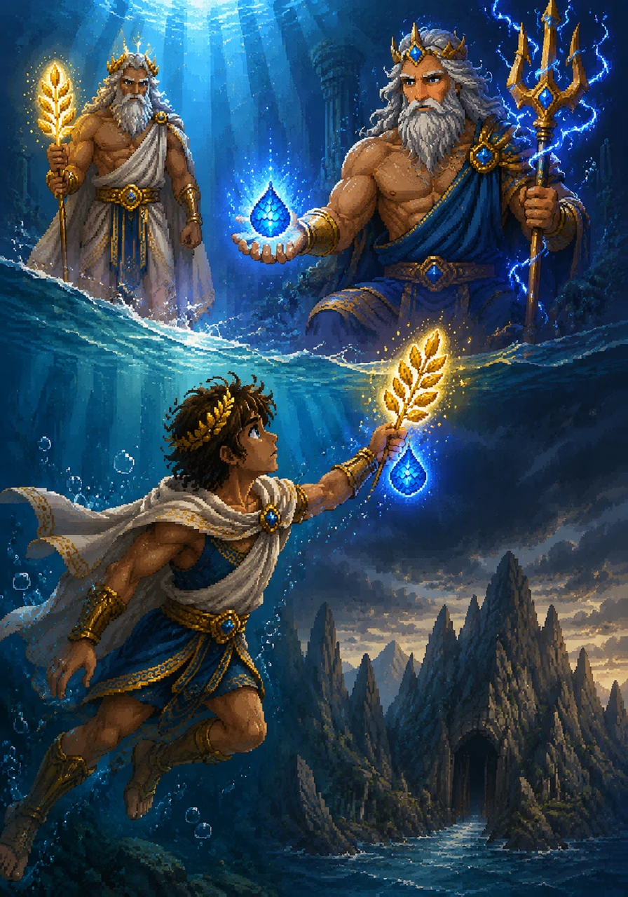 Moved by Theron's words, Poseidon grants him a shimmering sapphire scale to accompany the golden branch as a sign of his cooperation. Theron swims back to the surface, the scale's blue light mingling with the gold of the branch. He looks toward the jagged mountains where the entrance to the Underworld lies hidden.