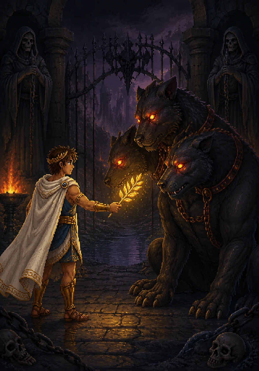 At the gates of the Underworld, the massive three-headed dog Cerberus growls, his eyes glowing like hot coals. Theron does not show fear, instead using the soothing light of the olive branch to calm the beast’s many minds. The terrifying guardian eventually sits, allowing the messenger to pass into the realm of shadows.