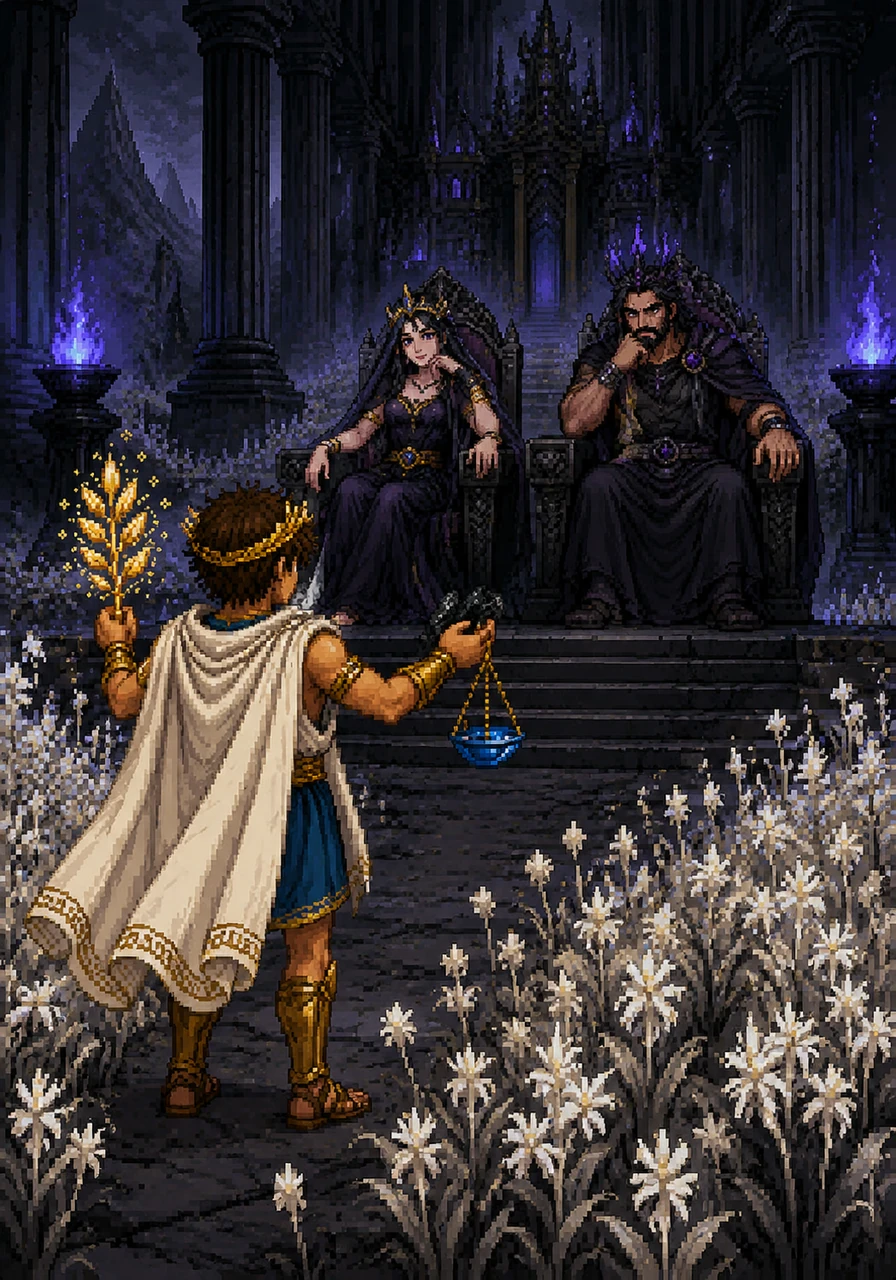 Theron walks through fields of pale asphodel flowers until he reaches the obsidian palace of Hades and Persephone. The air is cool and still, filled with the soft echoes of ancient memories. He presents the branch and the scale, explaining that the balance of the world depends on the unity of the three brothers.