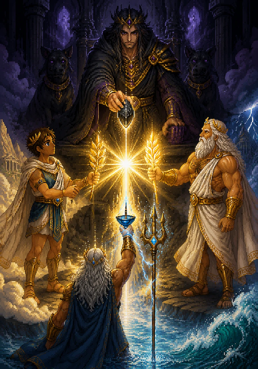 Hades, touched by the youth’s bravery and the sincerity of his mission, adds a piece of dark, polished onyx to the artifacts. As the three items touch, a brilliant bridge of light erupts, connecting the sky, the sea, and the earth. The shadows of the Underworld seem to soften in the presence of this newfound hope.