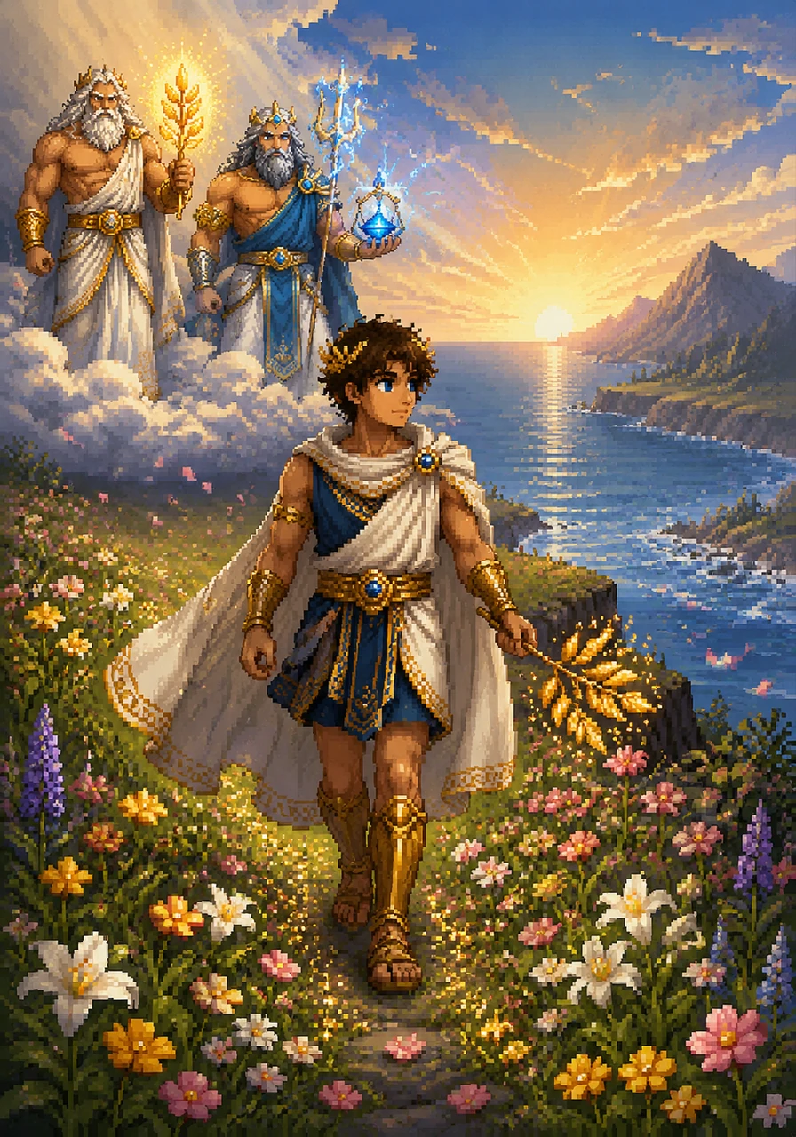 Theron returns to the mortal world just as the first light of dawn touches the horizon. Everywhere he steps, vibrant wildflowers bloom instantly, and the air feels fresh and charged with harmony. He looks back to see the sea calm and the mountains steady, knowing the great rift has been healed.