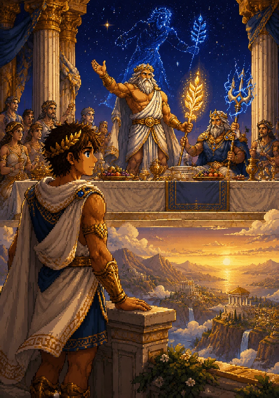Back atop the heights of Olympus, the gods gather in a grand banquet hall to celebrate the restoration of peace. Theron is honored as the Peacebringer, and Zeus declares that his story shall be written into the stars for all eternity. The young hero looks out over the world, seeing a future filled with light and balance.