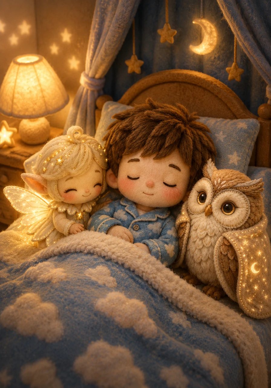Leo puts on his favorite cloud-patterned pajamas and snuggles into his soft, cozy bed. The lamp's light is gentle and warm, creating playful shadows that dance peacefully on the walls of his room.