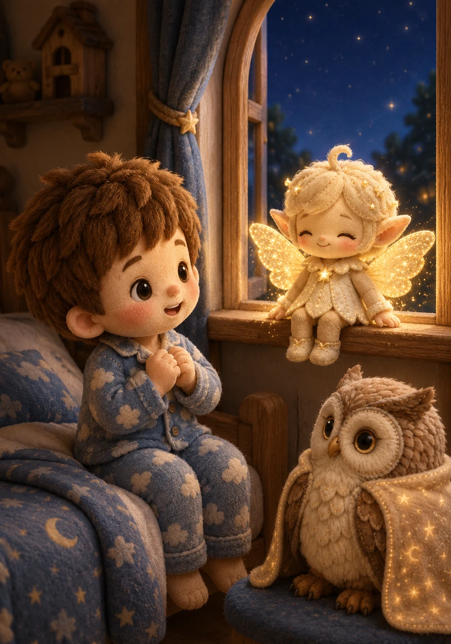 Suddenly, a tiny light elf named Sparkle appears sitting on the edge of his window sill. Sparkle has shimmering wings and a kind smile that brings a feeling of deep tranquility to the room.