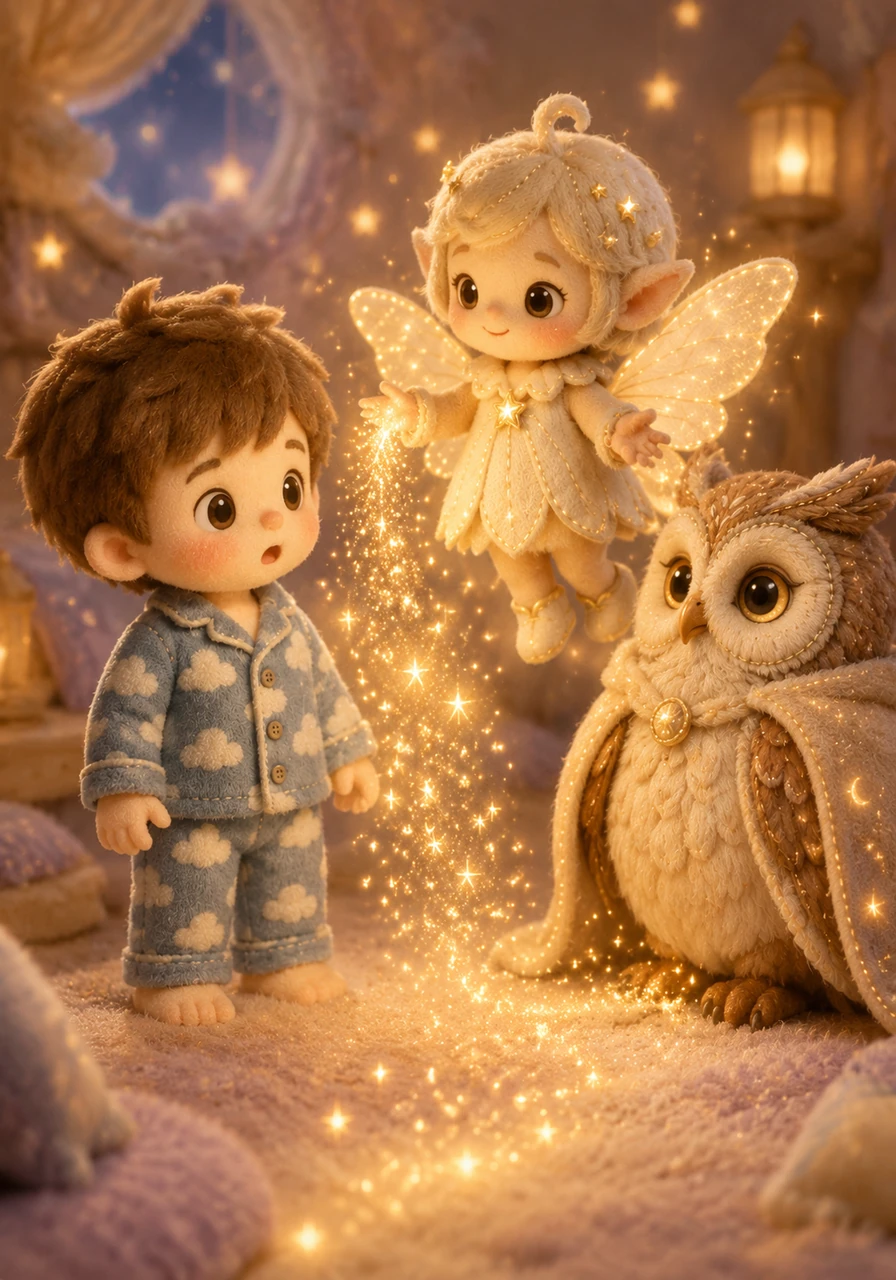 The elf invites Leo on a special journey to the magical Forest of Quiet Dreams. With a sprinkle of golden stardust, the room fills with the sweet, calming scent of lavender and vanilla.