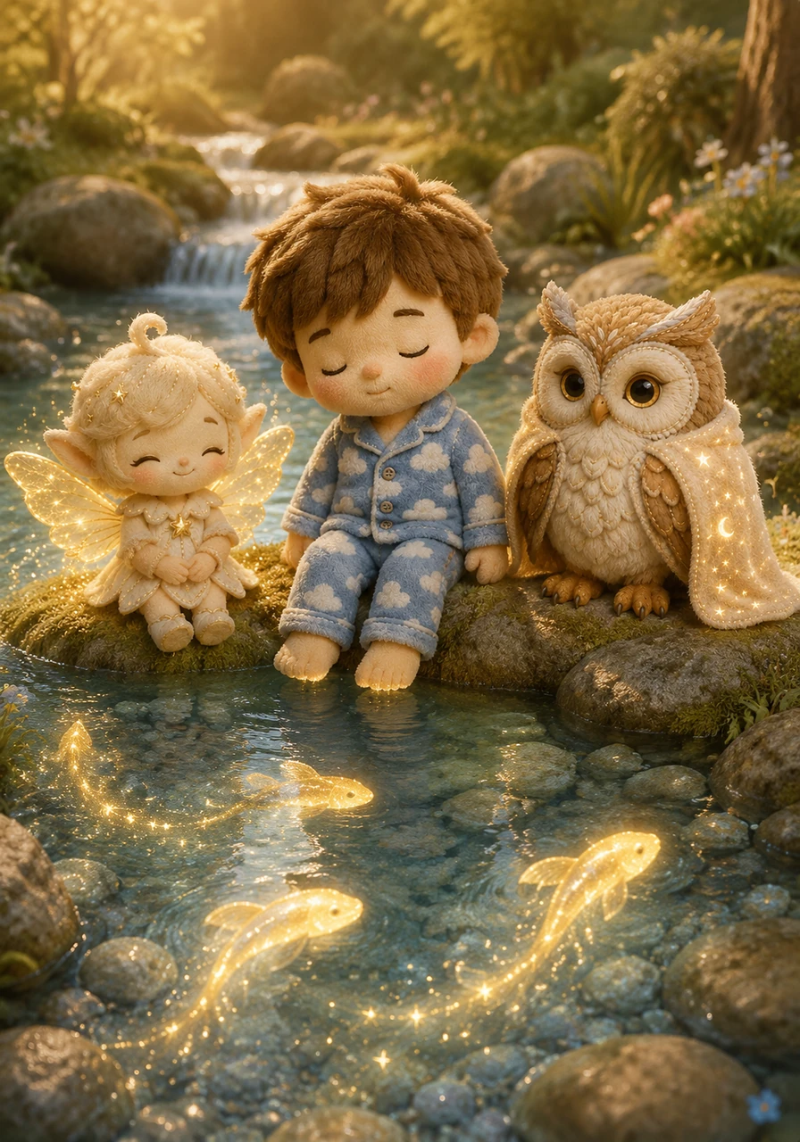 They reach a stream of crystal-clear water where glowing fish swim silently, leaving trails of light behind them. The rhythmic sound of the flowing water acts as a natural lullaby, making Leo feel very relaxed.
