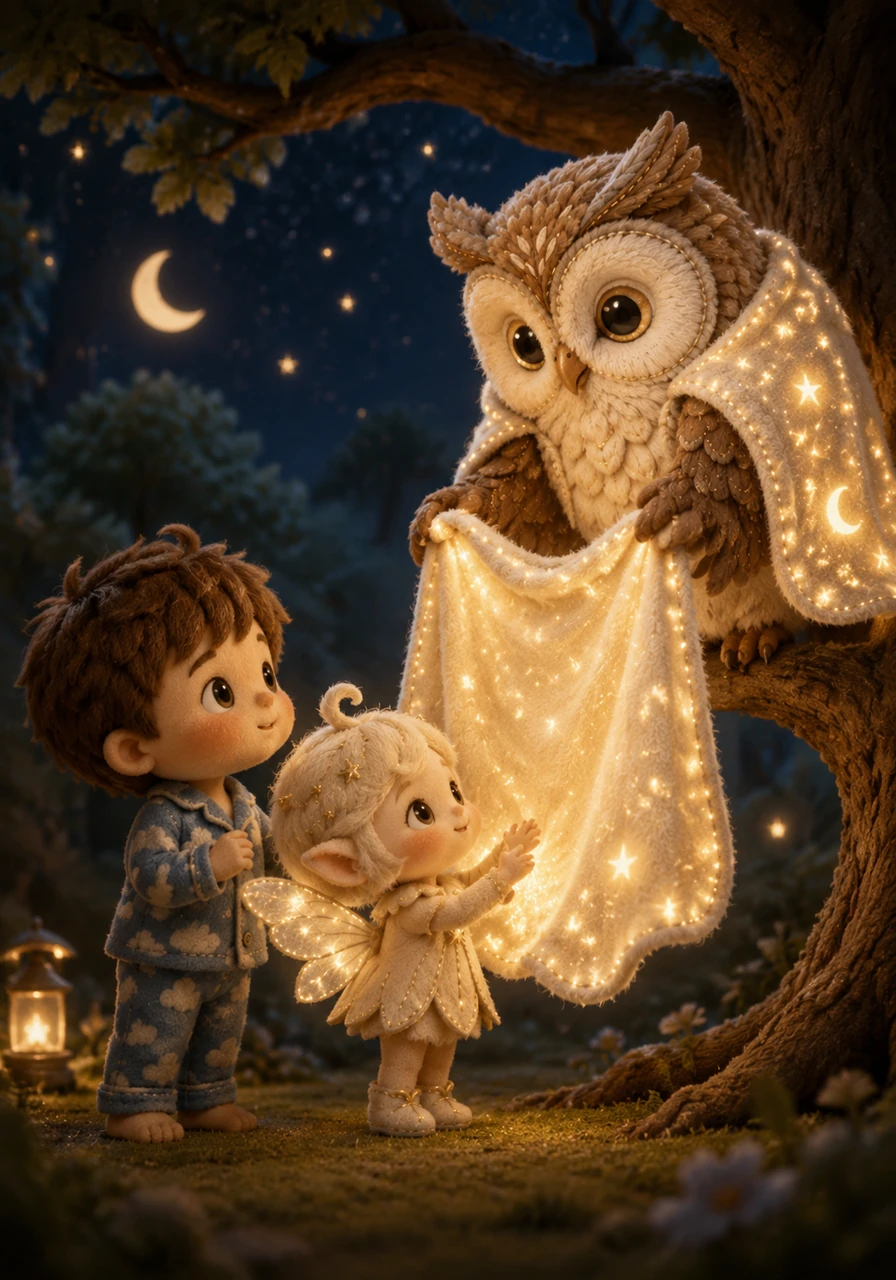 A wise, fluffy owl descends from a branch and offers them a magical blanket woven from soft moonbeams. The owl whispers that the night is a gift, a time for the whole world to rest and recharge.