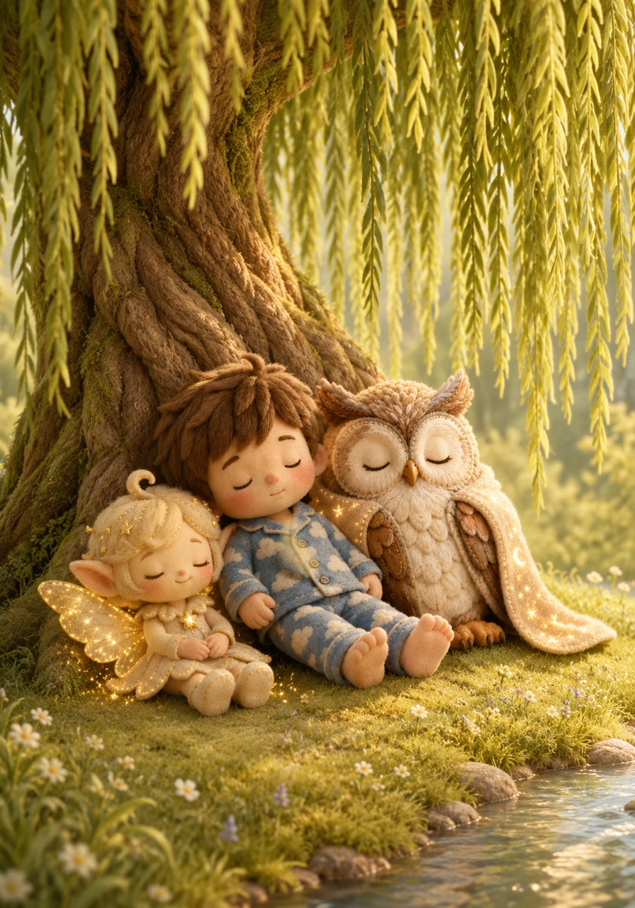 Leo rests for a moment under a giant weeping willow with branches that hang down like curtains of green silk. The wind hums a gentle melody through the leaves, telling stories of peaceful adventures and happy endings.