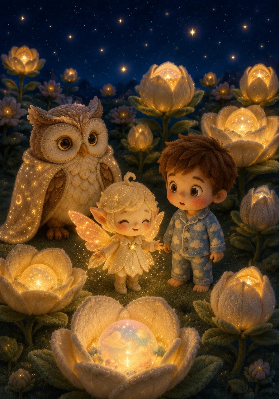 Sparkle shows Leo a field of giant glowing flowers that slowly close their petals to sleep under the stars. Each flower protects a beautiful dream, waiting for a child to find it in their sleep.