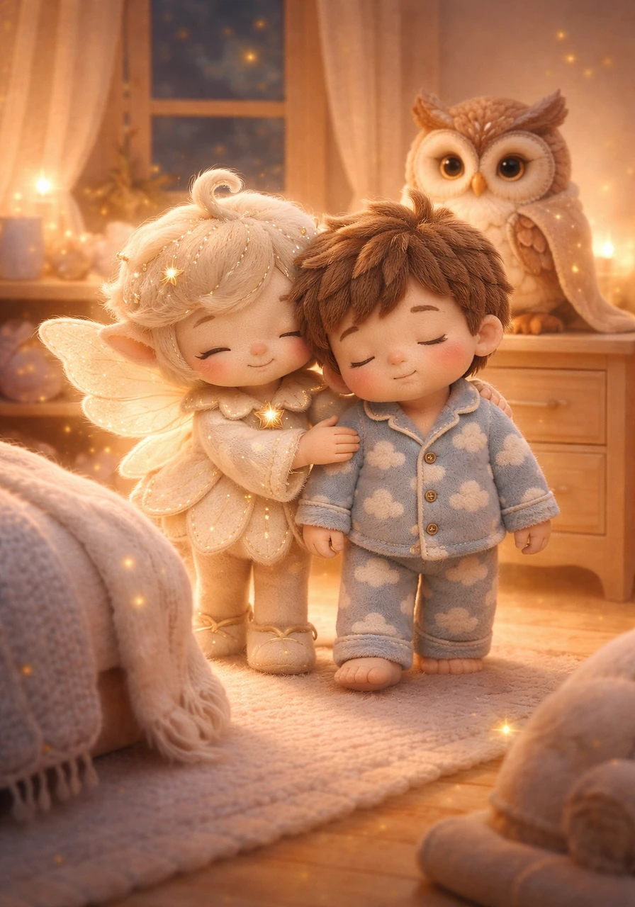 The little elf guides Leo back to his bedroom, his body feeling heavy, warm, and completely at ease. The journey through the forest has turned his tiredness into a soft, comforting embrace.