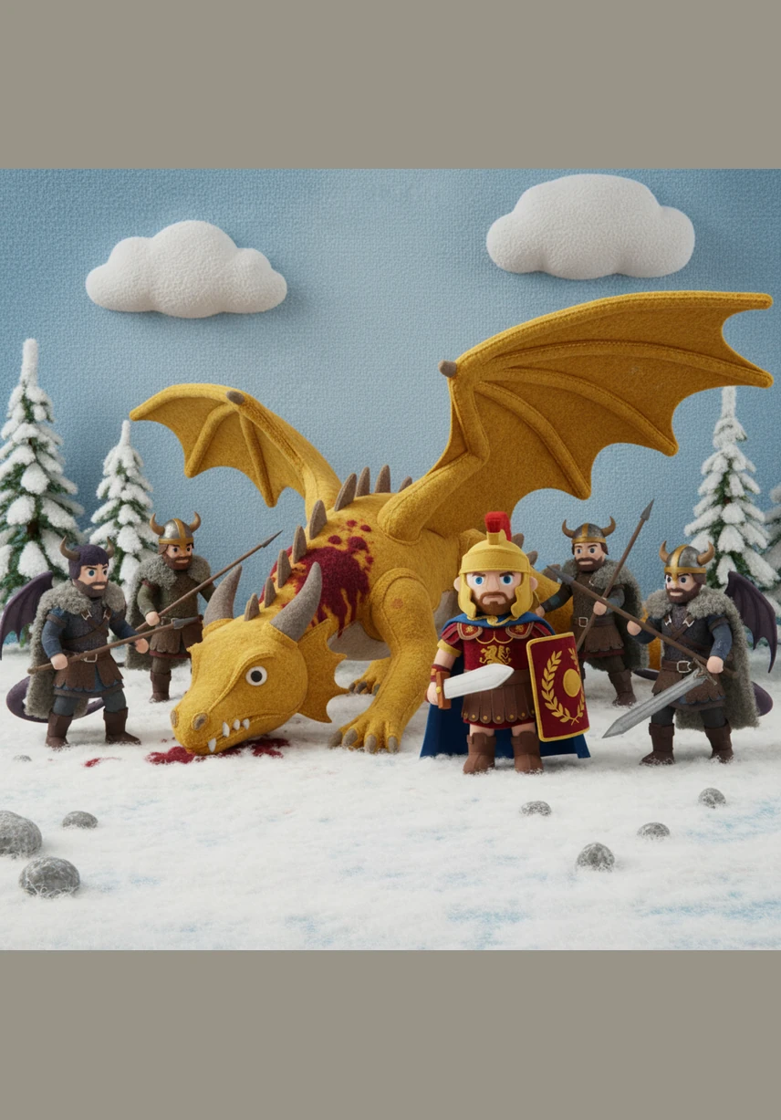 He emerged into a blood-soaked clearing where a massive golden dragon lay pinned against the frost-covered earth. A group of retreating Germanic warriors surrounded the injured beast, their spears poised to finish what the war had started.