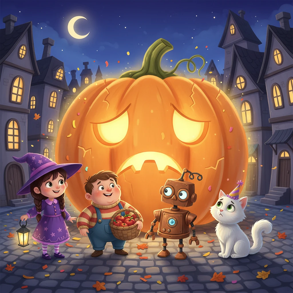 A noite chegou em Bruxavilla, e a grande abóbora brilhava no centro da praça. Luna, Pipo, Tic-Toc e Mimi estavam reunidos, prontos para celebrar a noite especial, mas a abóbora não sorria.