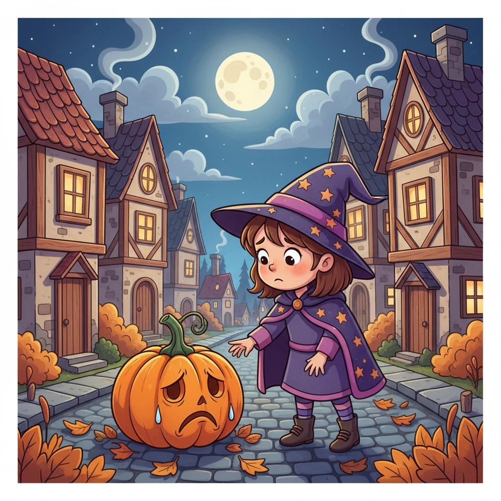 Luna viu a abóbora triste e se aproximou, preocupada. As janelas das casas acendiam, lançando um brilho quente sobre a rua de paralelepípedos. A bruxinha gentil se perguntava o que poderia fazer.