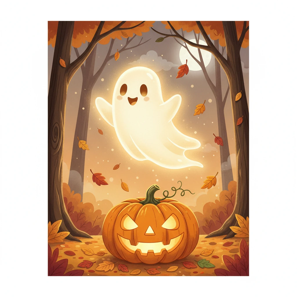 Pipo, o fantasma, surgiu flutuando no ar, emanando uma luz suave. Ele pairava sobre a abóbora, balançando suavemente, enquanto algumas folhas de outono bailavam ao redor.