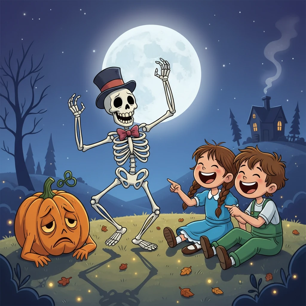 Chegou Tic-Toc, o esqueleto dançarino, com passos animados e risos. Ele começou a dançar ao lado da abóbora triste, fazendo Luna e Pipo gargalharem, sob o brilho da lua.