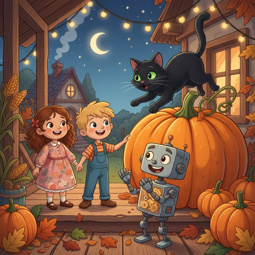 Mimi, a gata preta, pulou graciosamente sobre a abóbora, miando baixinho. Ela observava a cena com seus olhos verdes brilhantes, enquanto Tic-Toc aplaudia e Luna e Pipo sorriam.