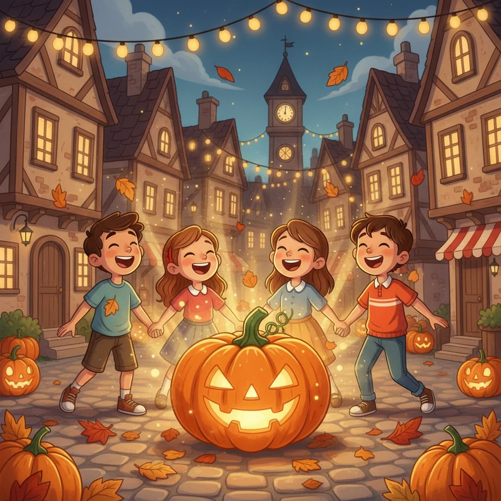 Juntos, os amigos cantaram e riram ao redor da abóbora, que começou a brilhar suavemente. A luz quente preencheu a praça, criando um cenário mágico e inesquecível, preparando o grande momento.