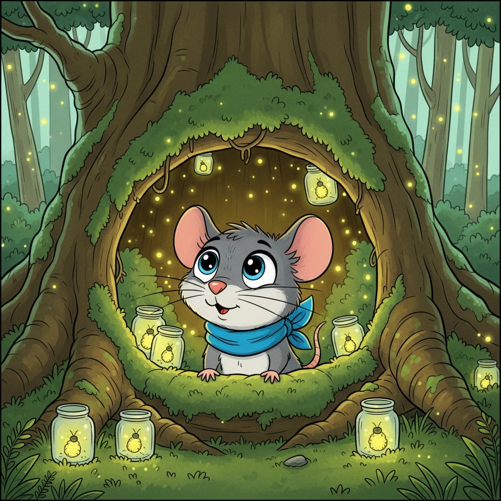 In a cozy little burrow nestled at the edge of the Whispering Woods lived Pip Squeakerton, a tiny mouse with large, curious eyes and whiskers that twitched with quiet longing. Pip loved his warm, moss-lined home, filled with the soft glow of captured fireflies, but his heart yearned for grand adventures. He often peered out, a tiny, bright blue scarf tied neatly around his neck, dreaming of the legendary Sparkleberry Bush deep within the shimmering forest, a place he was too shy to explore alone.