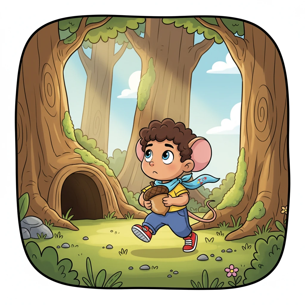 One sunny morning, a brave little spark ignited within Pip. He clutched his smooth, polished acorn charm, a special gift from his grandma, and tied his bright blue scarf a little tighter, its ends fluttering playfully. Taking a deep, wobbly breath, Pip decided today was the day! With a determined squeak and a skip in his step, he ventured out of his snug burrow, his small paws trembling slightly but his exaggeratedly wide eyes fixed on the towering, ancient trees of the Whispering Woods, ready to find his courage.