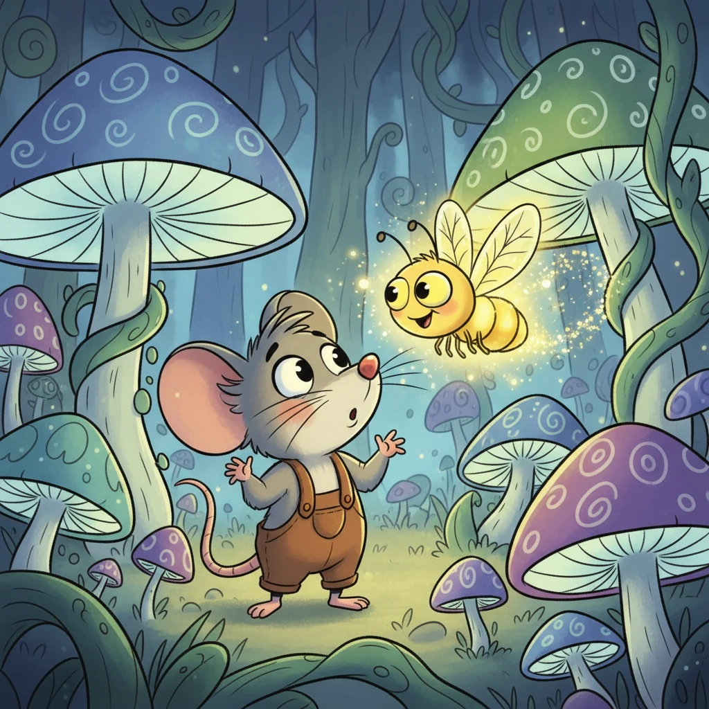 As Pip ventured deeper, the forest shimmered with fantastical, glowing mushrooms and spiraling vines. He felt a tiny bit lost, his whiskers twitching nervously from the sheer wonder. Suddenly, a playful, dazzling glow zipped past his nose! It was Flicker, a mischievous firefly with oversized, blinking lights and a cheeky grin. Flicker twirled around Pip, leaving a trail of happy sparkles, sensing Pip's nervousness and offering a friendly, guiding luminescence. Pip, surprised but comforted, felt a tiny bit less alone, a hopeful smile blooming on his face.