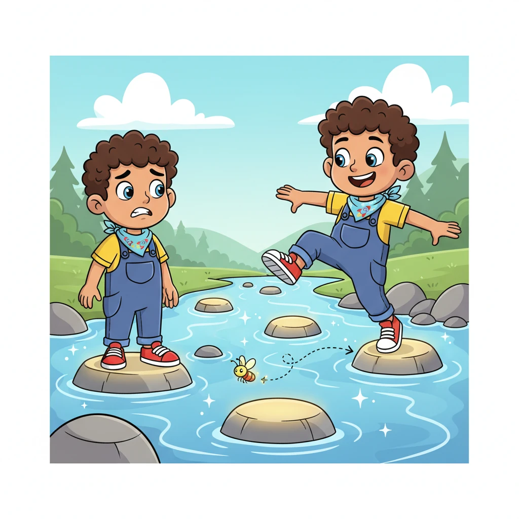 Their exciting journey led them to a gurgling stream, its water sparkling over smooth, cartoonishly round stones, far too wide for Pip to jump across. Pip's courage wavered, his little nose wrinkling with exaggerated worry. But Flicker, ever so clever, began to light up a whimsical path of large, flat stepping stones scattered across the water, blinking encouragement. 'You can do it, Pip!' Flicker seemed to flash. With Flicker's bright guidance and a surge of new bravery, Pip took small, careful hops, his tiny body in a dynamic, joyful pose, giggling as he successfully made it to the other side, his blue scarf fluttering proudly in the breeze.