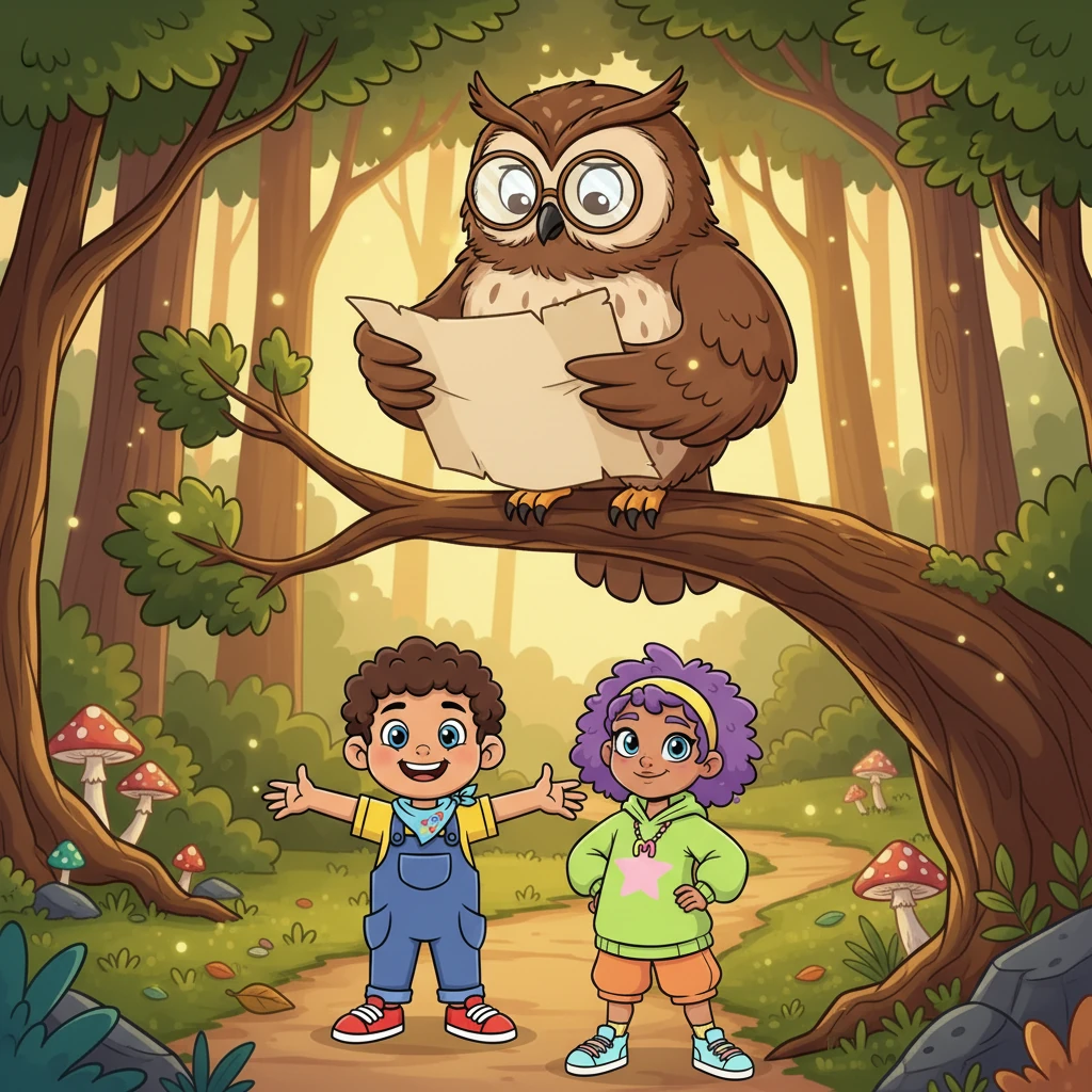 Further into the enchanted woods, perched majestically on a branch of an ancient, wise oak tree, they found Professor Hoot. He was a magnificent, fluffy owl with oversized spectacles perched on his beak, meticulously studying a grand, unfurled map with his wing. Professor Hoot, usually quite serious, peered down at the tiny duo with a wise, knowing gaze. He noticed Pip's bright blue scarf and gave a solemn hoot, a sound that resonated with quiet respect, recognizing it as a symbol of a true adventurer, even if a small one.