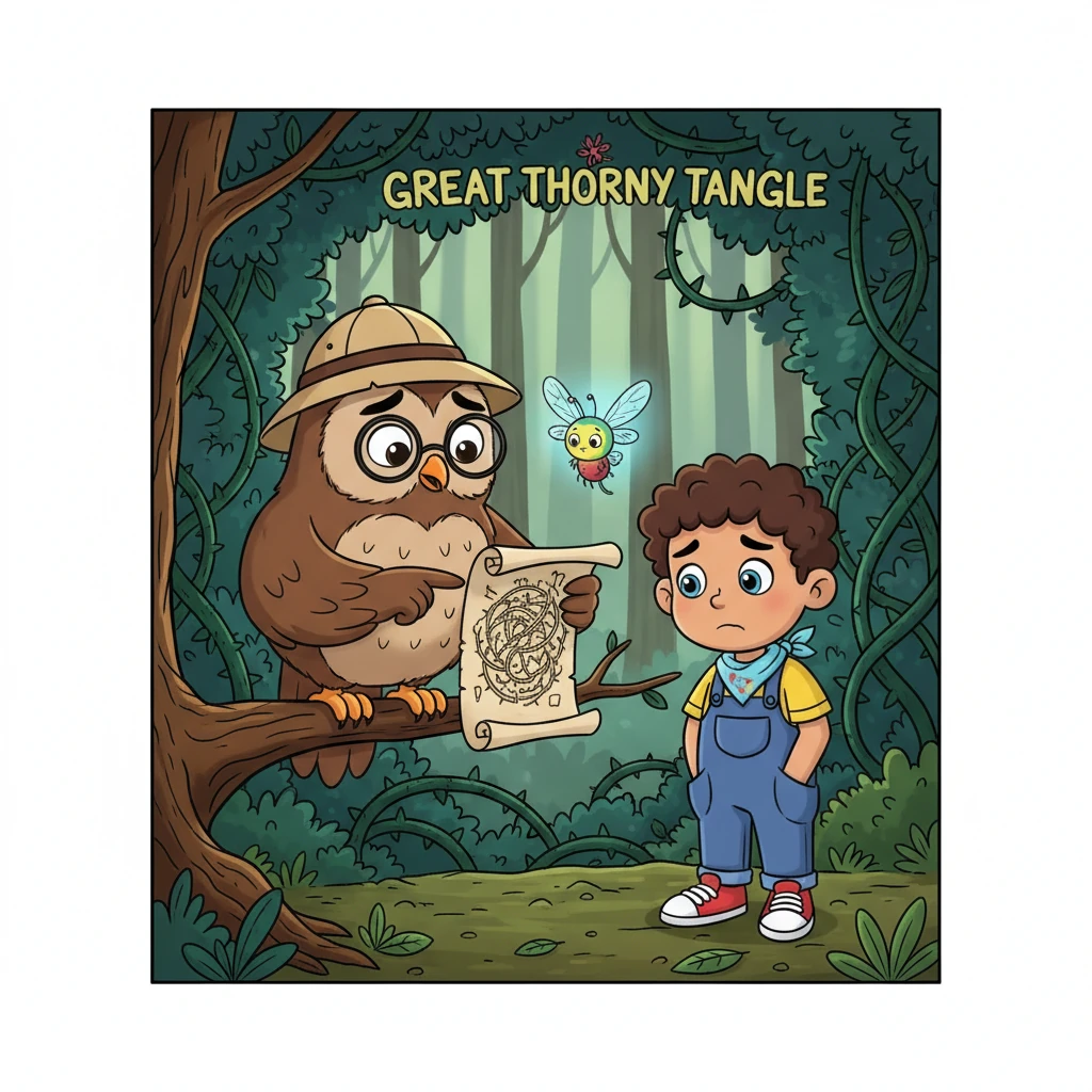 Professor Hoot, seeing their quest for the Sparkleberry Bush, pointed a strong claw towards a section of his map. 'The path,' he hooted, a deep note of sadness in his voice, 'is now completely blocked by the Great Thorny Tangle. It's grown too thick, too strong for one creature to pass. The Sparkleberries, I fear, are out of reach this season.' Pip's heart sank with an exaggerated slump, and Flicker's cheerful glow dimmed to a soft, melancholy pulse. Their grand adventure seemed to have reached an impossible, spiky obstacle.