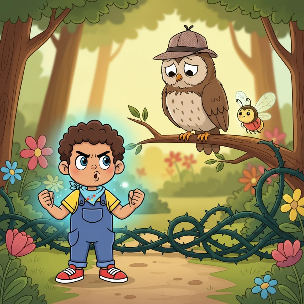 Pip looked at Professor Hoot's disappointed face and Flicker's flickering sadness. A new, warm feeling swelled in his chest, stronger and brighter than any shyness he had ever known. His wish for courage suddenly felt different; it wasn't just about him anymore. 'We can do it!' Pip squeaked, his voice surprisingly clear and firm, his tiny fists clenched with determination. 'If we work together, we can clear the path! Three friends are stronger than one thorny tangle!' His blue scarf seemed to glow with his newfound, powerful resolve.