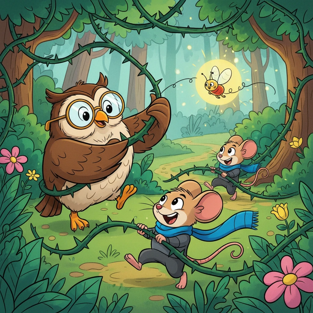 Inspired by Pip's brave words, Professor Hoot hooted with renewed energy, his spectacles glinting. He used his strong, cartoonishly large beak to snip at the smaller, tougher branches of the tangle. Flicker, buzzing with exaggerated excitement, zipped ahead, lighting up the sharpest, most intimidating thorns, showing them exactly where to push and pull. And Pip, with a surprising burst of strength, tugged and pulled at the thick, thorny vines, his little paws working tirelessly, his bright blue scarf fluttering wildly. Together, they slowly but surely began to clear a winding path, their joyful laughter echoing through the vibrant woods.
