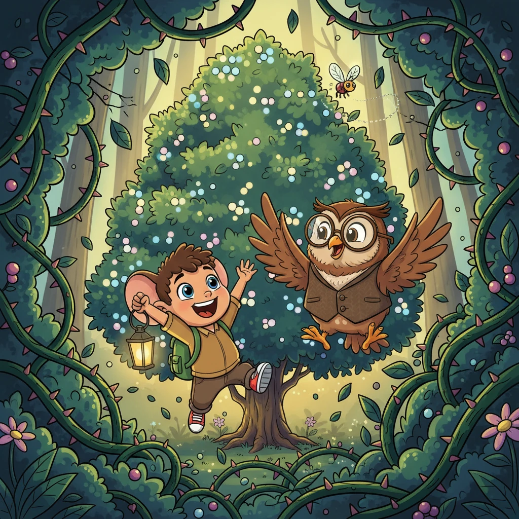 Finally, with a triumphant cheer that echoed through the forest, they broke through the last stubborn thorny vine! Before them stood the most magnificent sight: the Sparkleberry Bush, shimmering with tiny, magical berries that pulsed with soft, gentle light, each one a miniature star. Pip looked at his new friends, Professor Hoot and Flicker, their faces beaming with pride and happiness. He realized he didn't need to wish for courage anymore; he had found it by helping his friends. Instead, he made a silent wish for their wonderful friendship to last forever, a wish for shared joy and countless future adventures.