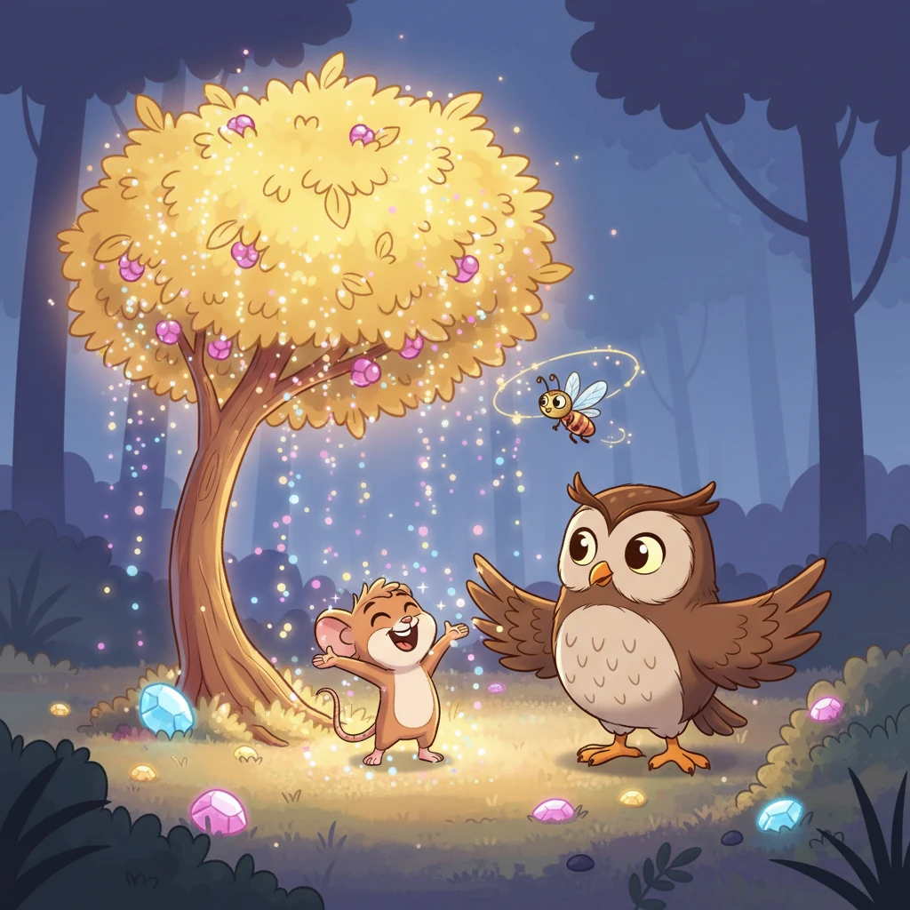 As Pip made his heartfelt wish, the Sparkleberry Bush glowed even more brilliantly, showering them all with a gentle rain of tiny, happy sparkles that danced around them. Pip felt a profound warmth spread through him, a feeling of true bravery, belonging, and boundless joy. They had faced the scary woods, overcome the thorny tangle, and found something far more precious than any wish: enduring friendship. Pip knew that with his friends, Professor Hoot and Flicker, every adventure would be wonderful and full of magic.