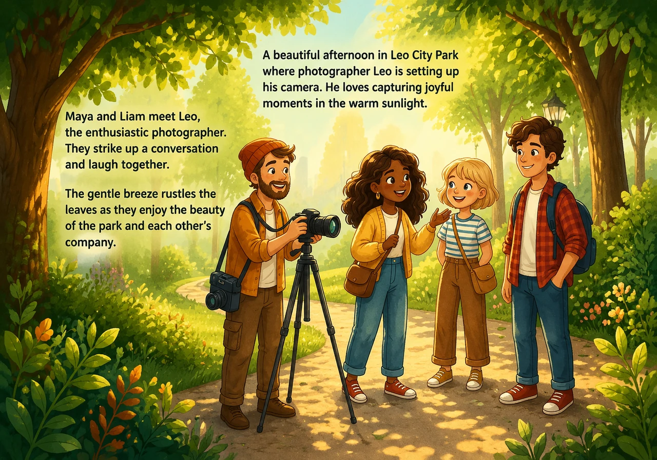 It's a beautiful afternoon in the lush city park, where vibrant green leaves rustle gently. Maya and Liam meet Leo, their enthusiastic photographer, w