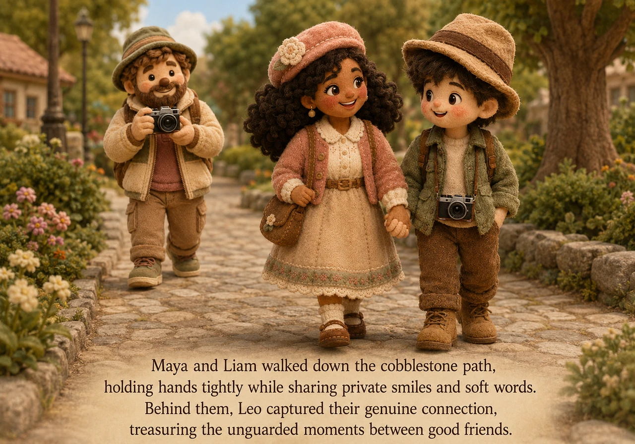 Maya and Liam hold hands tightly, walking together down a cobblestone path. They share private smiles and soft words, unaware of the camera. Leo follo