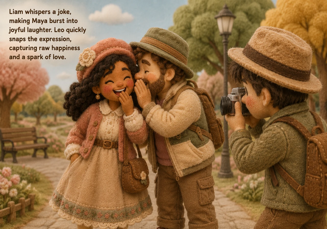 Liam whispers a silly joke, making Maya burst into joyful, unrestrained laughter. Leo quickly snaps the spontaneous expression, capturing the raw, aut