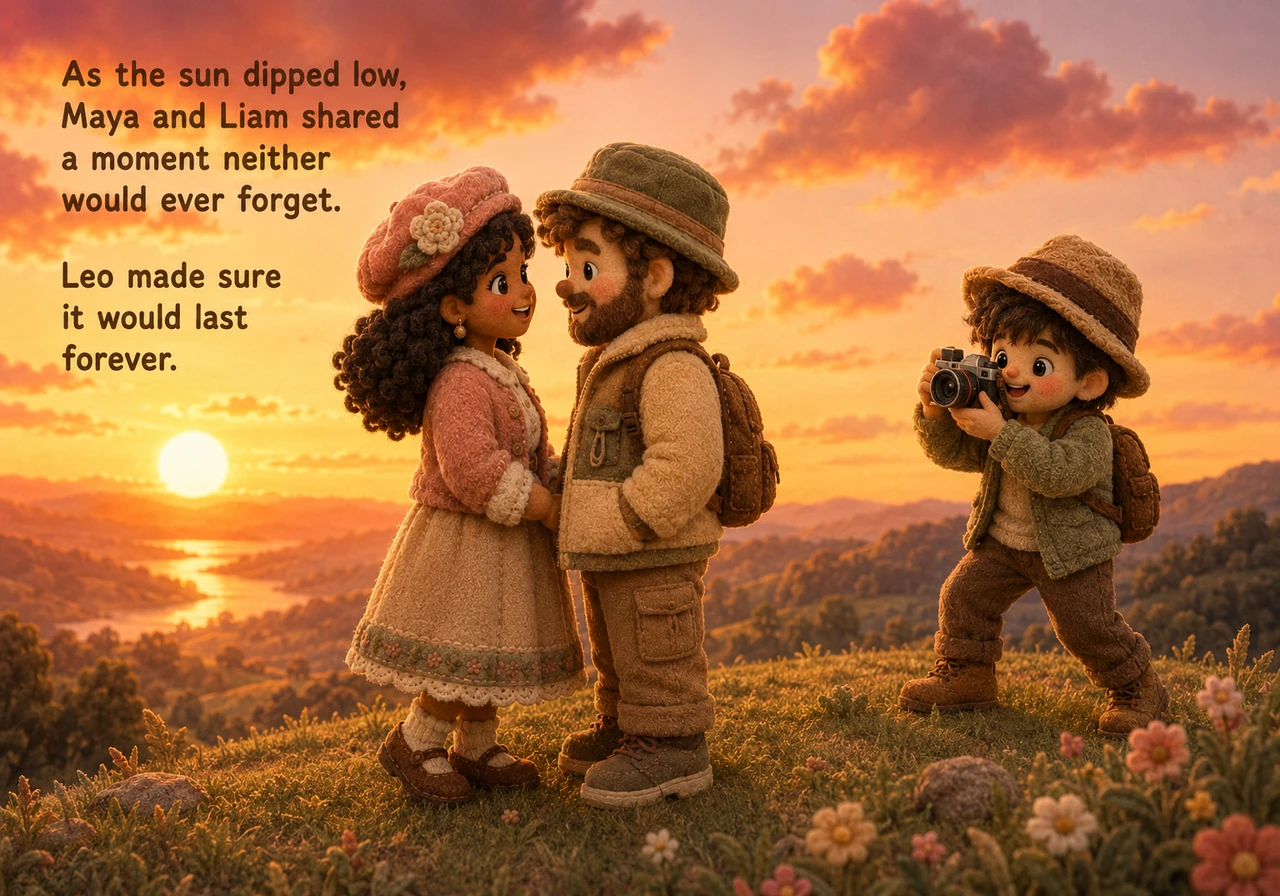 The sun begins to dip lower, painting the sky in soft shades of orange, pink, and gold. Maya and Liam stand closer together on a grassy hill, silhouet
