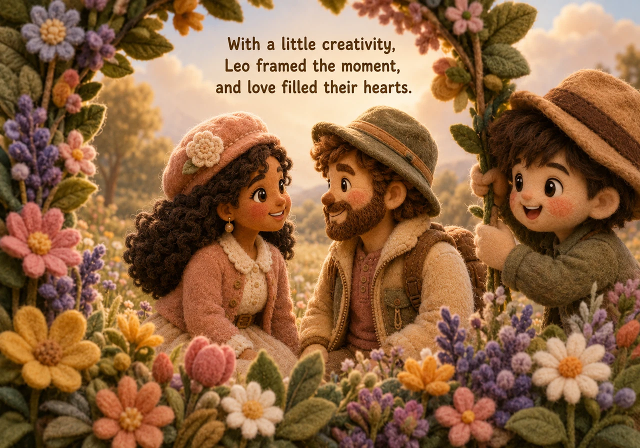 Leo finds some colorful wildflowers and uses them creatively. He positions some flowers and leaves in the foreground, framing Maya and Liam sweetly as