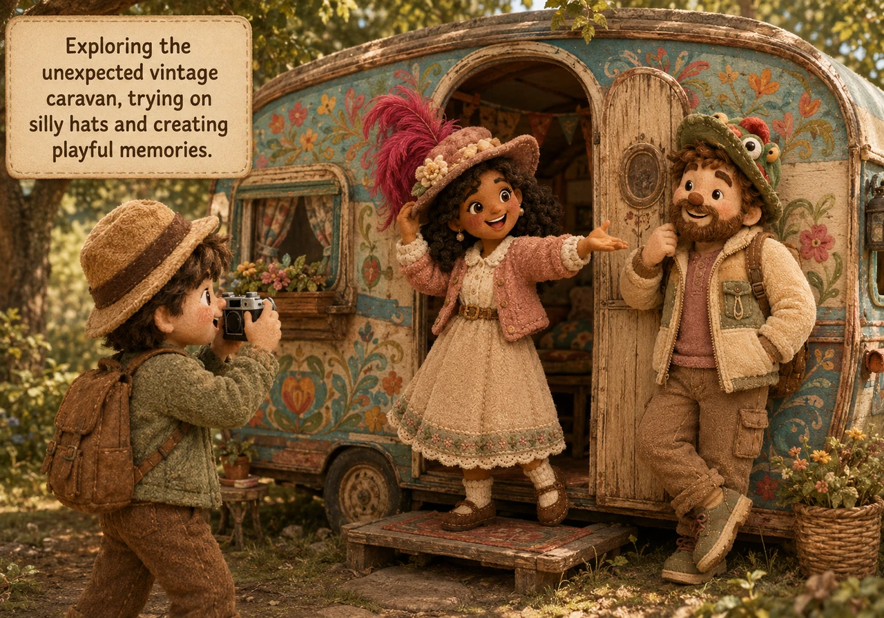The group discovers an unexpected vintage, brightly painted caravan nearby. This spurs a playful change of pace. Maya and Liam laughingly explore the