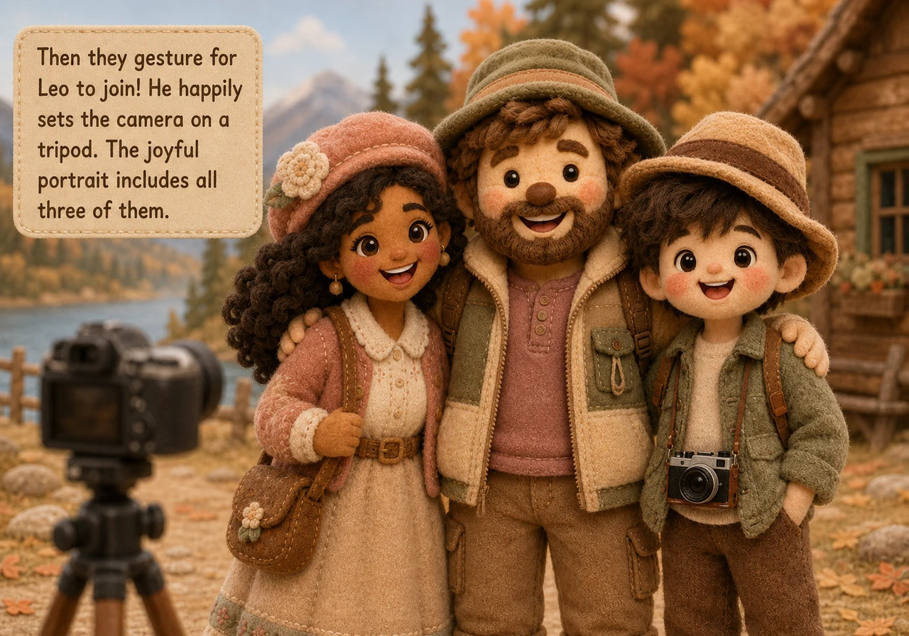 Maya and Liam pose together, smiling warmly at the camera. But then, they gesture for Leo to join them! He happily accepts, setting the camera on a tr