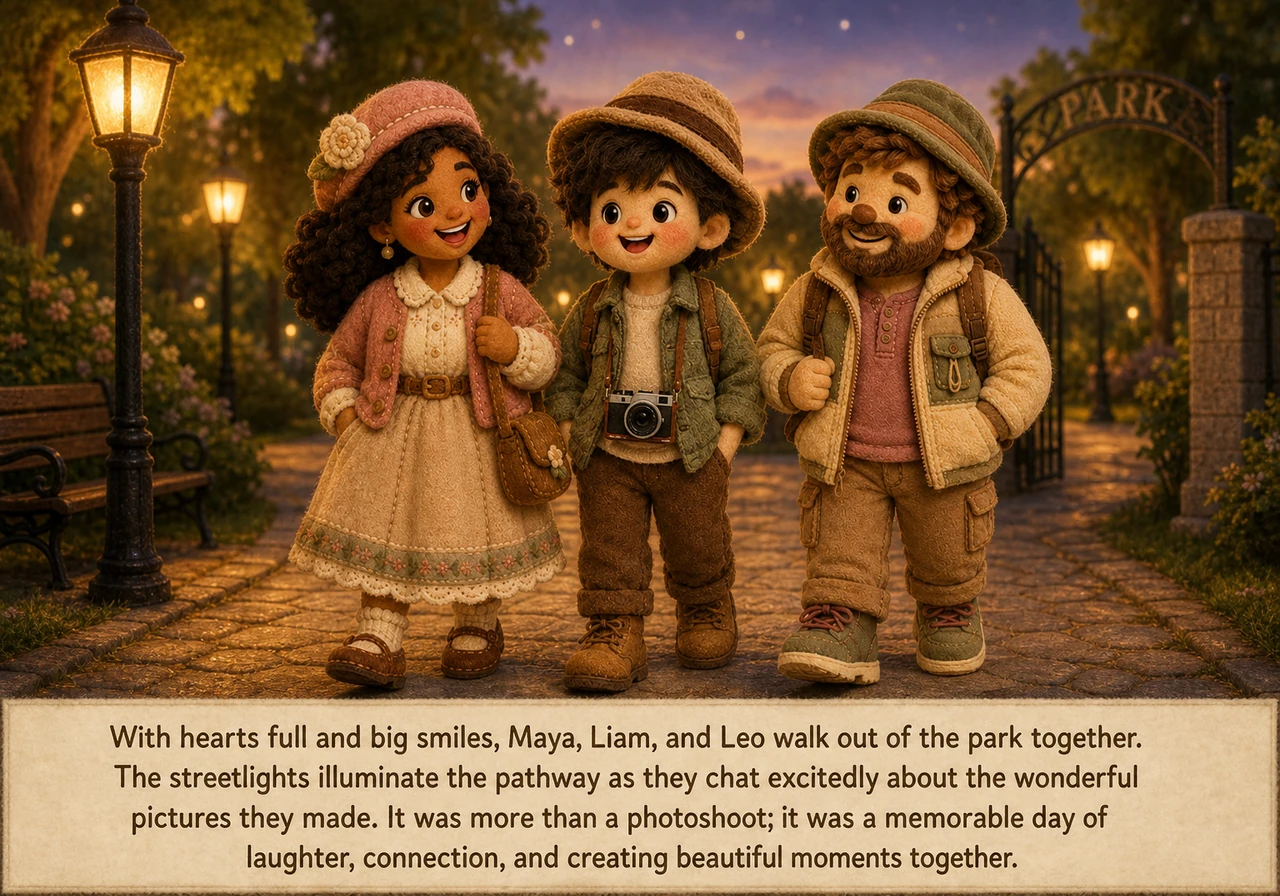 With hearts full and big smiles, Maya, Liam, and Leo walk out of the park together. The streetlights illuminate the pathway as they chat excitedly abo