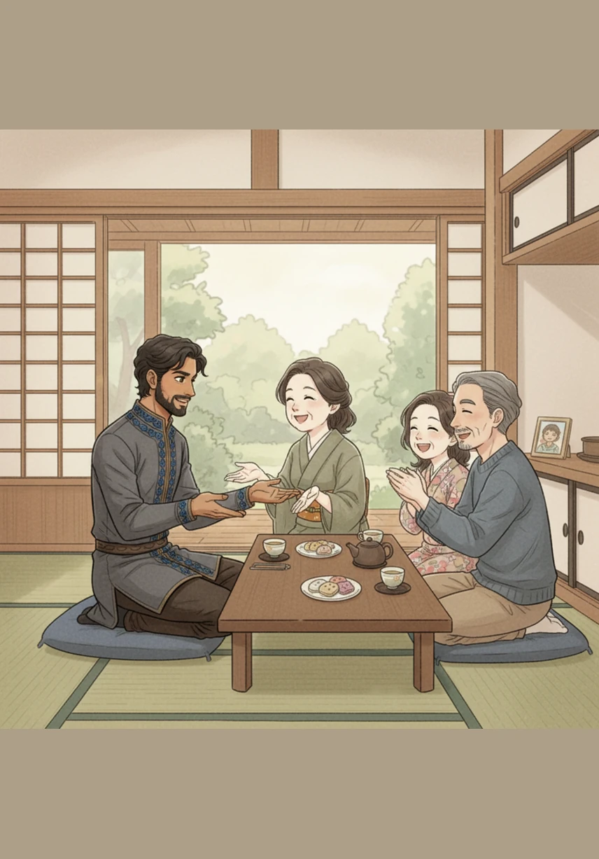 In the quiet, scenic city of Oita, Japan, Zaid sits with Hana’s parents in their family home. Despite the different languages and cultures, the love they all share for Hana creates an instant bond, and her parents welcome Zaid with open arms and warm smiles.