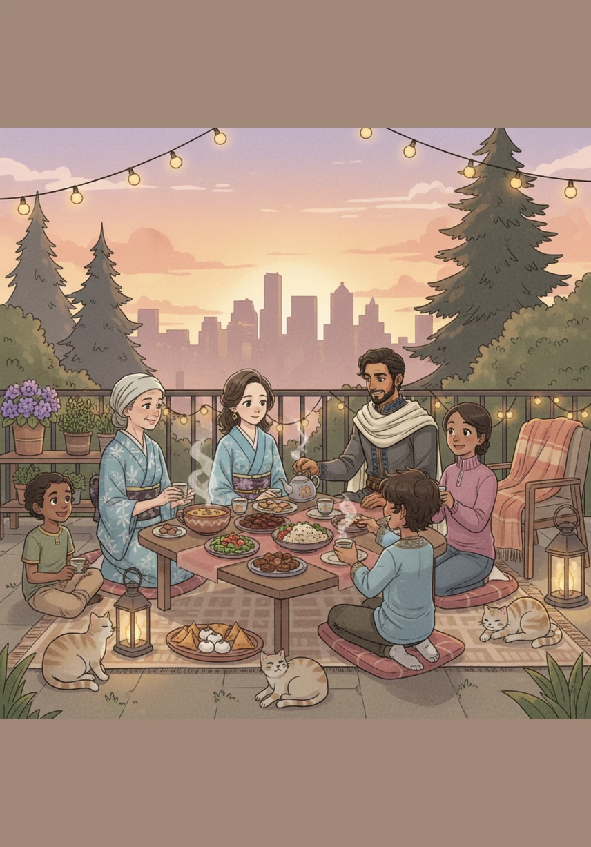 As the sun sets over Seattle, the neighborhood comes alive with a vibrant Iftar party thrown specifically to welcome Hana. Neighbors bring dishes and warm greetings, surrounding the couple with a sense of belonging that makes the chilly Seattle evening feel incredibly heart-warming.