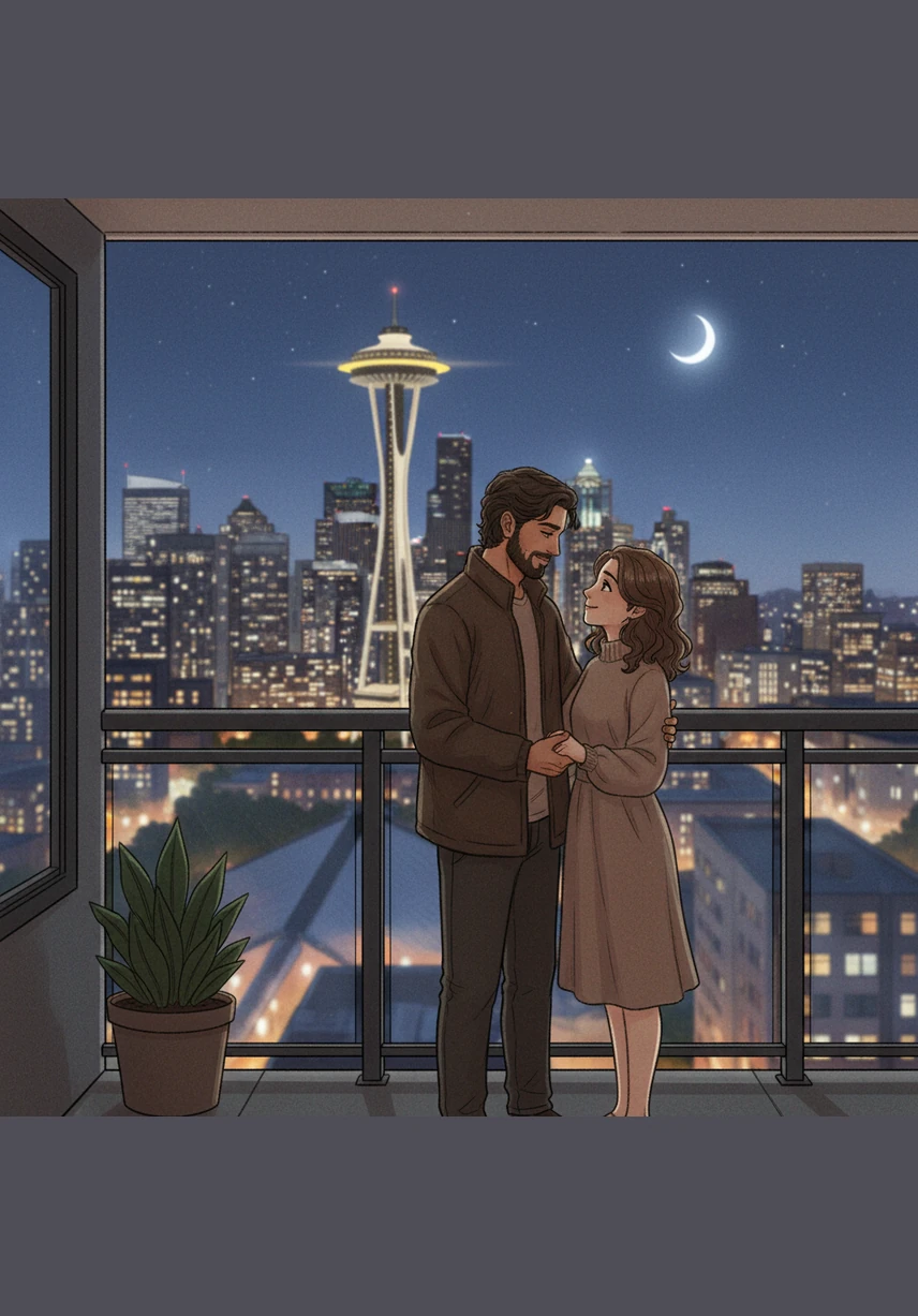 Zaid and Hana stand together on a balcony overlooking the sparkling Seattle skyline, the Space Needle glowing in the distance. He looks at his wife, the light of his heart, knowing that no matter the distance they traveled, they are exactly where they are meant to be.