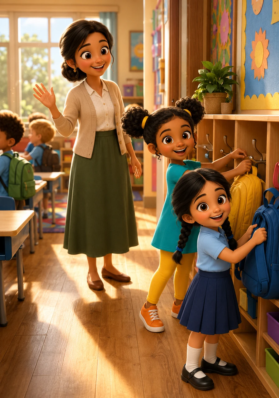 Miss Nora stands at the front of Room 4B with a bright smile, welcoming her eager students as the morning sun streams through the large windows. Aaisha and Inshaa neatly hang up their backpacks on their designated hooks, ready and excited for a wonderful day of learning.