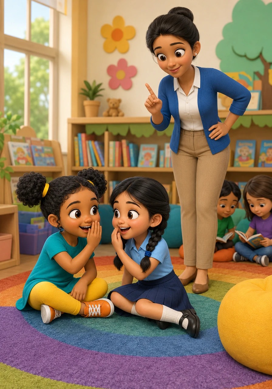 During quiet reading time, Aaliya and Iyaa sit together on the cozy colorful rug, whispering loudly and distracting their classmates. Miss Nora gently steps in and asks them to spend five minutes helping organize the reading corner bookshelves, turning their distraction into a helpful task that restores focus.